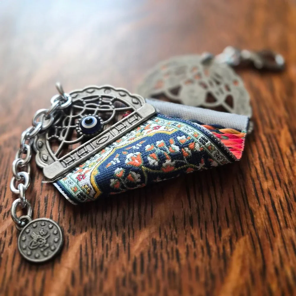 Turkish Kilim Tapestry Cuff Bracelet Evil Eye Nazar Silver Tone Boho Woven Blue